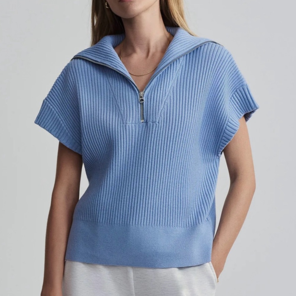 Varley Ribbed Half-Zip Sweater Top in Light Blue